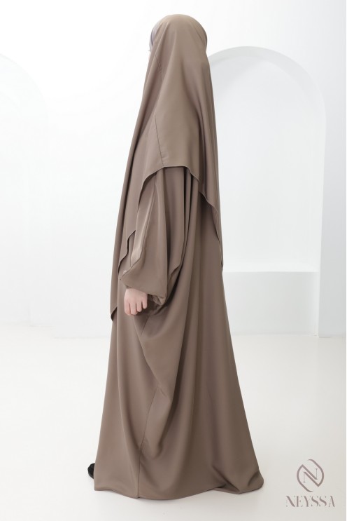 Taupe abaya + khimar set with pocket for hijabi women performing Umrah