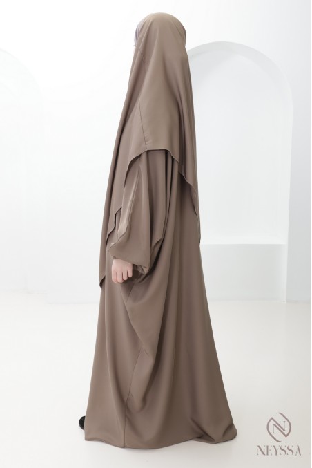 Ensemble abaya + khimar taupe avec poche pour femme hijabi omra