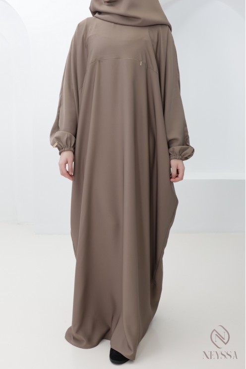 Taupe abaya + khimar set with pocket for hijabi women performing Umrah