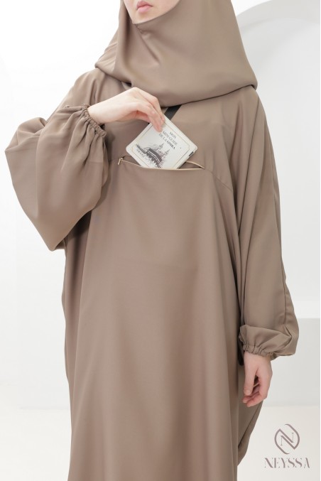 Ensemble abaya + khimar taupe avec poche pour femme hijabi omra