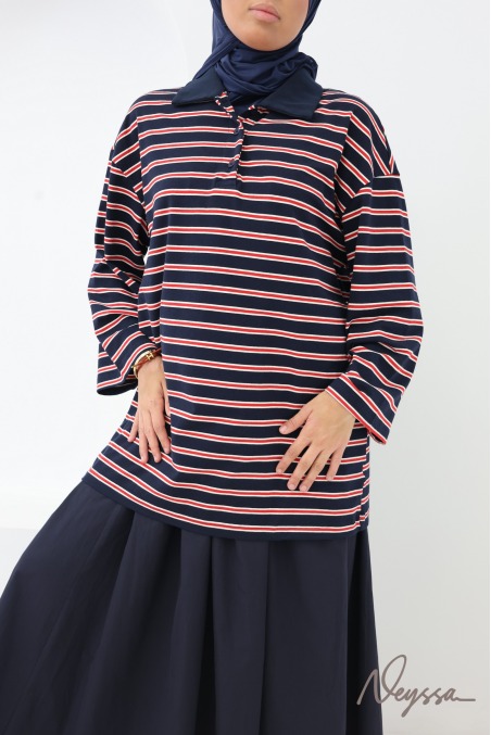 Women’s oversized striped jumper, 95% cotton, polo neck