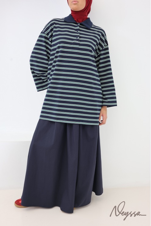Women's Loose-Fitting Striped Polo Shirt with Buttoned Collar, Made of Cotton