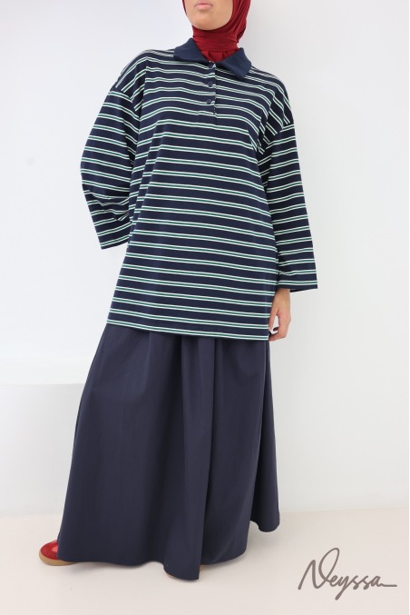 Women's Loose-Fitting Striped Polo Shirt with Buttoned Collar, Made of Cotton
