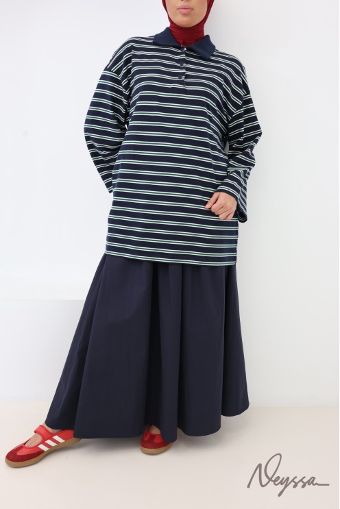 Women's Loose-Fitting Striped Polo Shirt with Buttoned Collar, Made of Cotton
