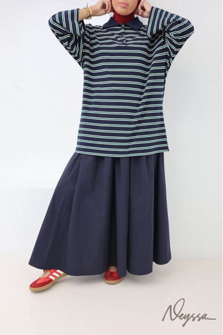Women's Loose-Fitting Striped Polo Shirt with Buttoned Collar, Made of Cotton