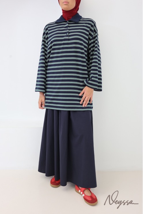 Women's Loose-Fitting Striped Polo Shirt with Buttoned Collar, Made of Cotton