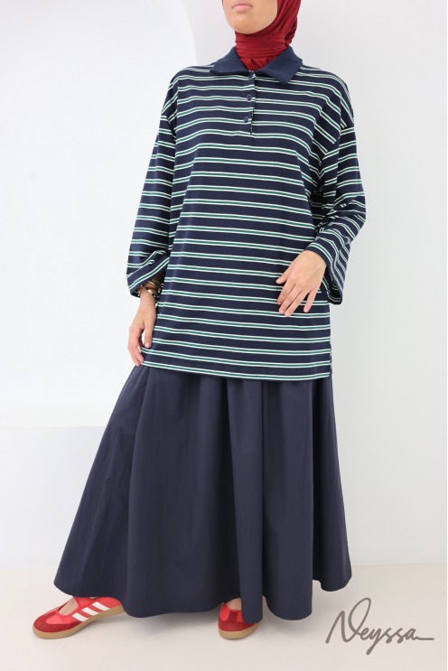 Women's Loose-Fitting Striped Polo Shirt with Buttoned Collar, Made of Cotton