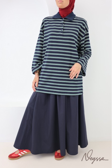 Women's Loose-Fitting Striped Polo Shirt with Buttoned Collar, Made of Cotton