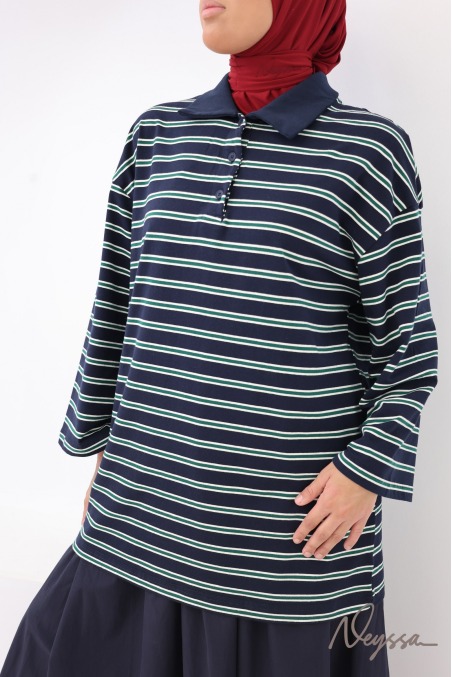 Women's Loose-Fitting Striped Polo Shirt with Buttoned Collar, Made of Cotton