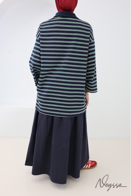 Polo femme ample à rayures col avec boutons en coton