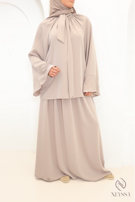 Ensemble 2 pièces taupe jupe longue élastique haut col montant