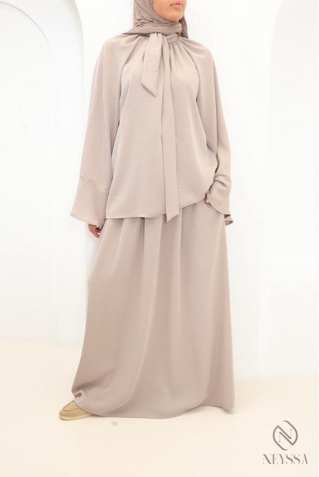 Ensemble 2 pièces taupe jupe longue élastique haut col montant