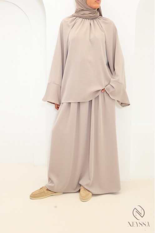 Taupe 2-Piece Set: Long Elastic Waist Skirt and High-Neck Top