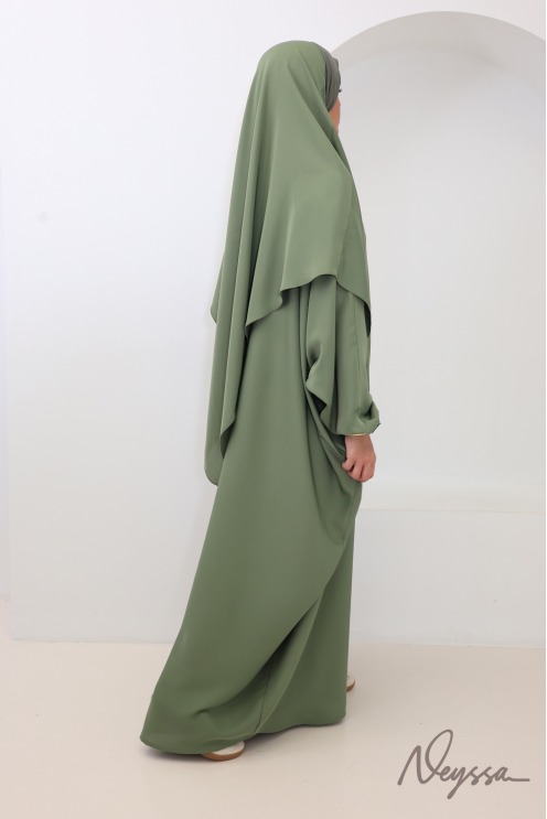 Abaya + khimar long kaki avec poche sur le buste must have omra
