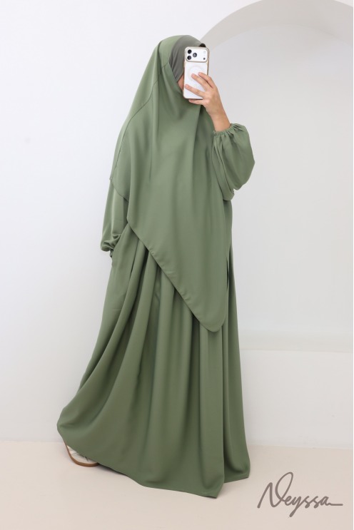 Khaki Nidah abaya with a chest pocket and pointed khimar