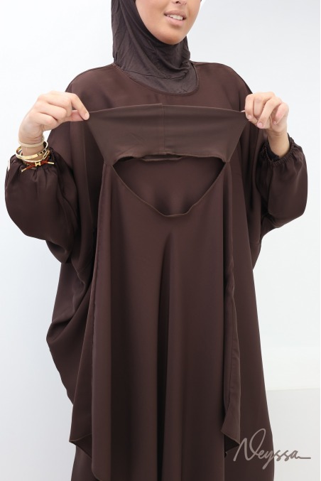 Abaya khimar marron femme ample avec poche Spécial Omra & Hajj