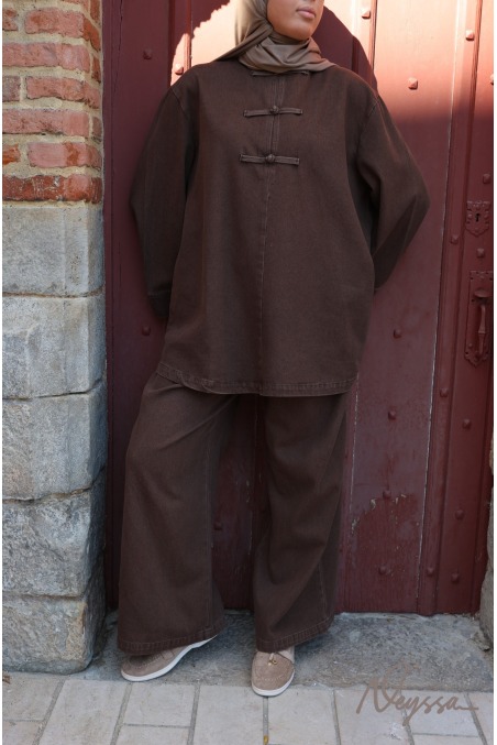 Ensemble pantalon ample + haut long boutons chinois Chocolat