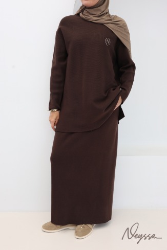Brown woven knit tunic and skirt set, Neyssa Confection