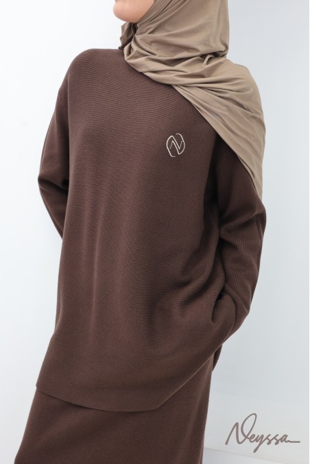 Ensemble tunique jupe en maille tissée marron, Neyssa Confection