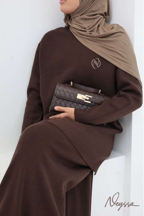Ensemble tunique jupe en maille tissée marron, Neyssa Confection