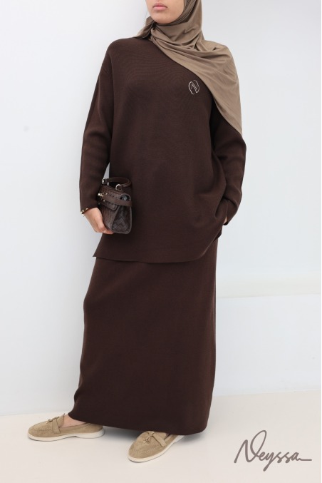 Brown woven knit tunic and skirt set, Neyssa Confection