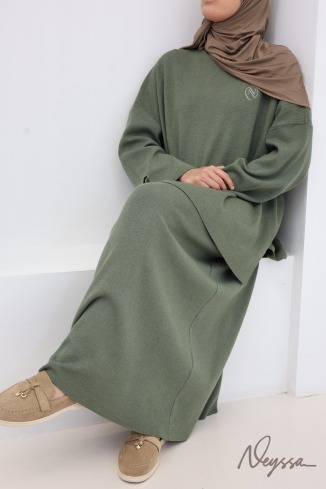 Ensemble kaki jupe longue avec tunique longue maille tissée 2