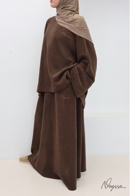 ensemble jupe longue marron pour femme voilée, en velours côtelé