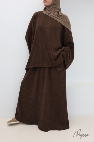 ensemble jupe longue marron pour femme voilée, en velours côtelé