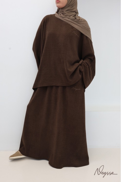 ensemble jupe longue marron pour femme voilée, en velours côtelé