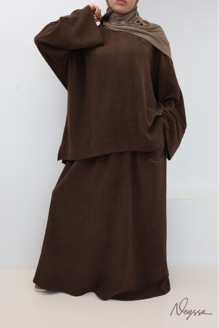 ensemble jupe longue marron pour femme voilée, en velours côtelé