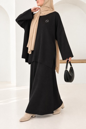 Ensemble noir femme tunique et jupe longue en maille tissée hiver 2