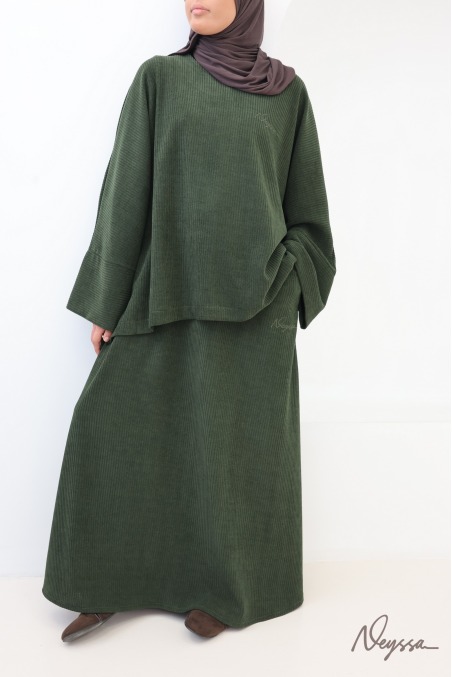 Veiled women's skirt set in khaki corduroy, modest fashion