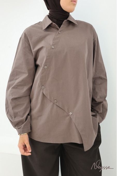 100% Cotton Shirt with Asymmetrical Buttons and Classic Collar Brown