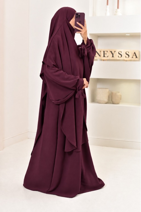 Set Abaya Khimar extra lang Jazzseide, legalisiert, made in FRANCE