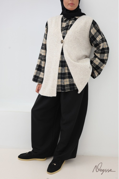 Beige, sleeveless, V-neck, wool-effect knit cardigan