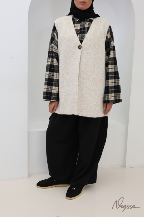 Beige, sleeveless, V-neck, wool-effect knit cardigan