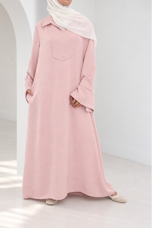 Lange, fließende Abaya für Hijabi-Frauen mit Hemdkragen und Taschen