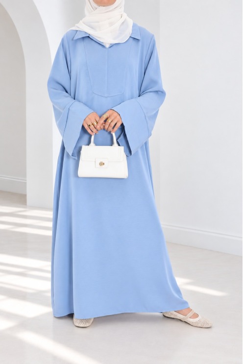 Lange, fließende Abaya für Hijabi-Frauen mit Hemdkragen und Taschen