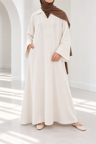 Abaya longue femme hijabi tissu fluide col chemise avec poches