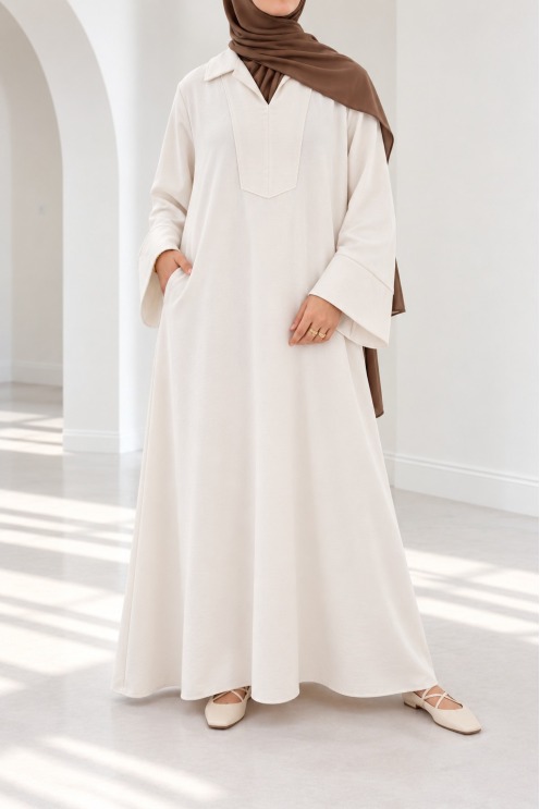 Long abaya for hijabi women, flowing fabric, shirt collar with pockets