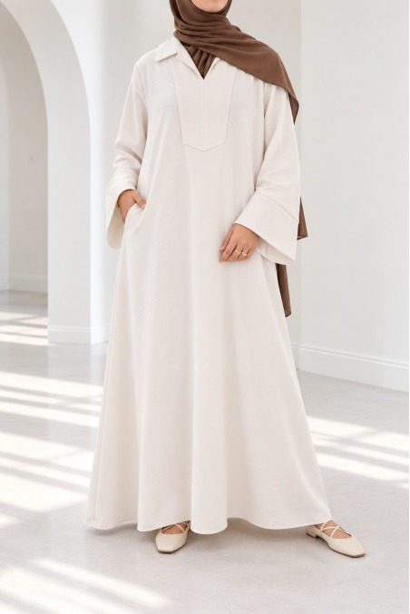 Long abaya for hijabi women, flowing fabric, shirt collar with pockets