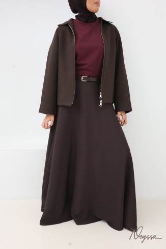 Burgundy flared tailored-style maxi skirt with belt 2