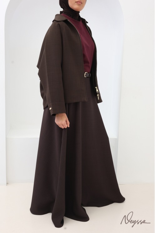 Jupe longue style tailleur coupe évasée bordeaux avec ceinture