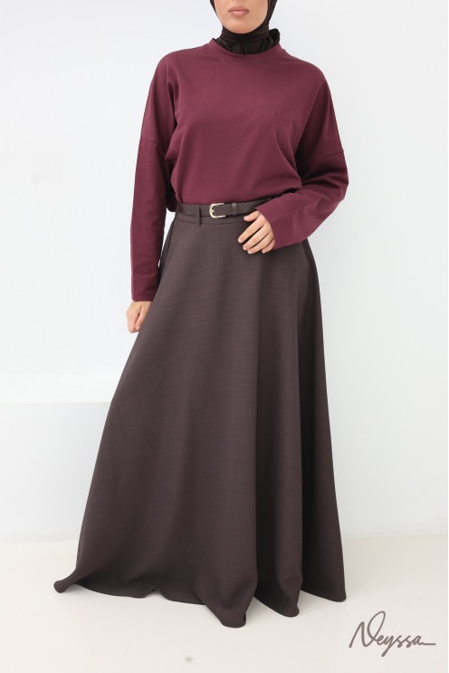 Jupe longue style tailleur coupe évasée bordeaux avec ceinture