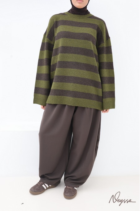 Pull mastour maille douce rayé kaki | Neyssa