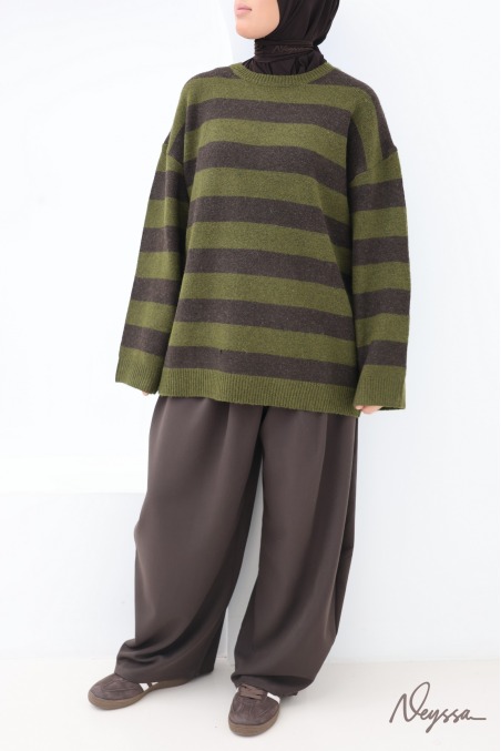 Strickpullover Khaki mit Streifen für Damen | Neyssa