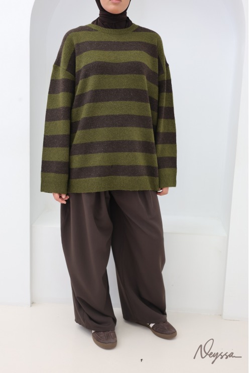 Khaki Soft Knit Striped Modest Sweater | Neyssa