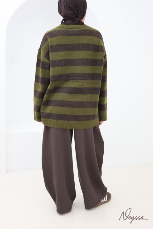 Khaki Soft Knit Striped Modest Sweater | Neyssa