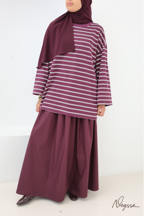 T-shirt rayé femme voilée bordeaux / rayures blanches | Neyssa
