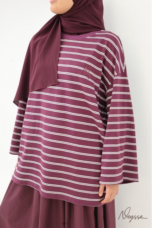 T-shirt rayé femme voilée bordeaux / rayures blanches | Neyssa